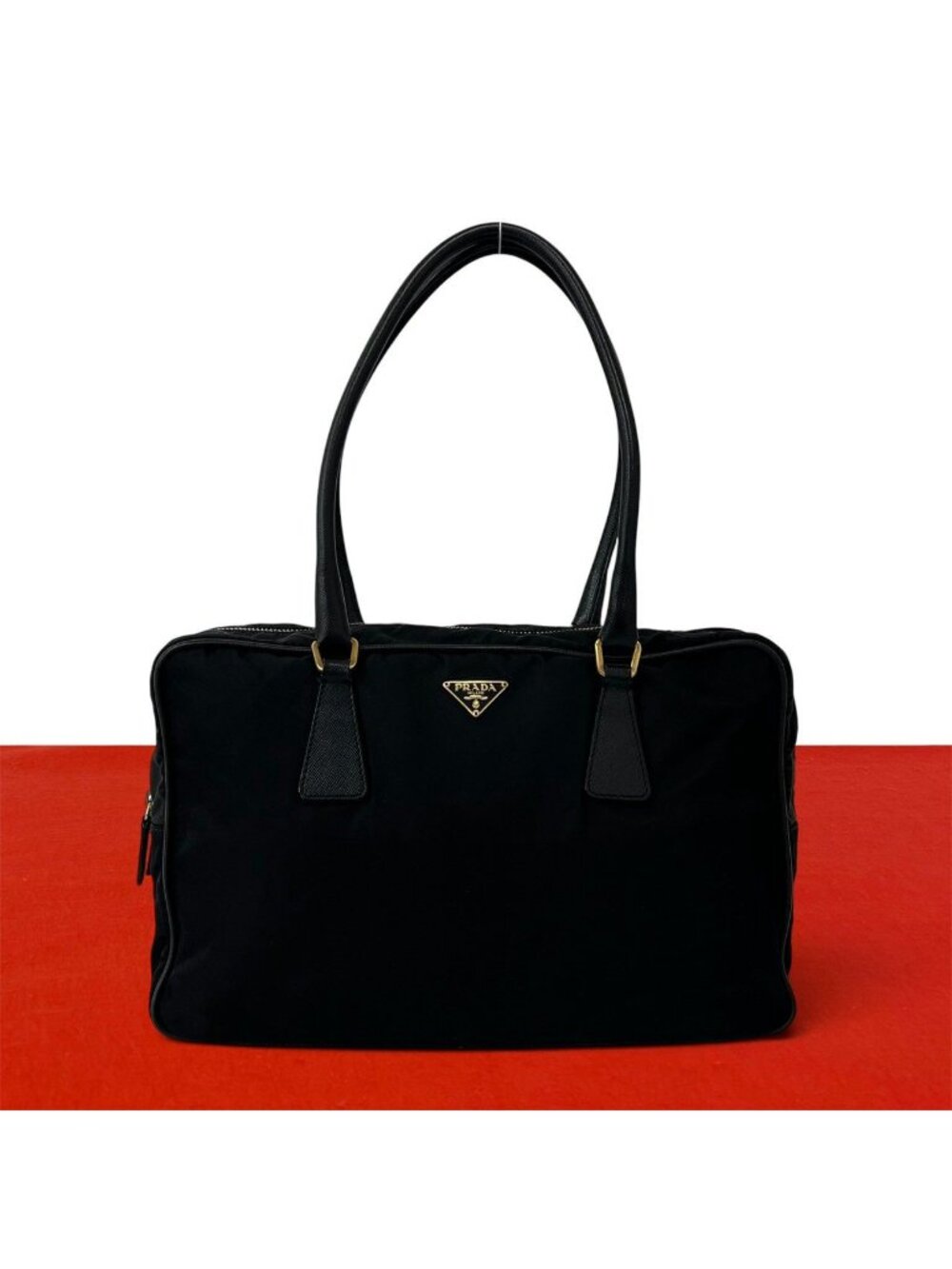 Prada Triangle Logo Tessuto Pocono Nylon Saffiano Leather Tote Shoulder Bag
